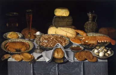 Nature morte avec crabe, crevettes et homard